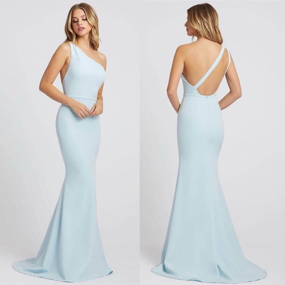 Ieena Mac Duggal 26266 Open Back One Shoulder Jersey Mermaid Gown Light Blue 4